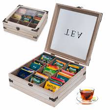 Organizador de Té de Madera con 9 Compartimentos y Tapa Transparente