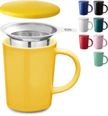 Taza de Té Cerámica con Filtro y Tapa - Amarillo Canario 400ml