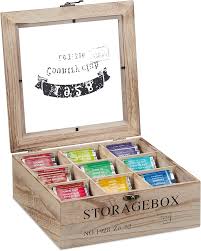 Relaxdays Caja de Té de Madera con Ventana - 9 Compartimentos